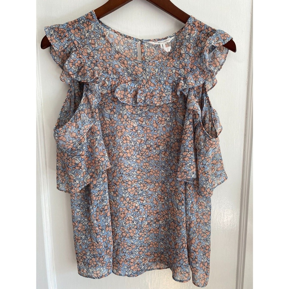 BCBGeneration Skipper Top Womens S Floral Ruffle Cold Shoulder Blue Boho
